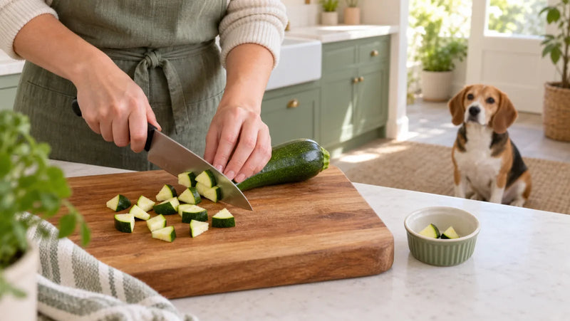 Owner cutting fresh zucchini into small plain pieces while a dog waits nearby