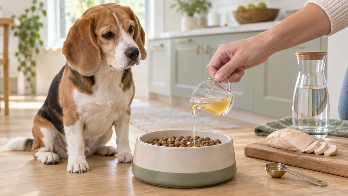 Plain chicken broth poured in a small measured amount over dog food