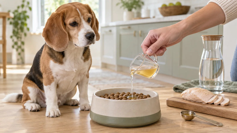 Plain chicken broth poured in a small measured amount over dog food