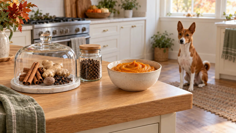 Basenji waiting while pumpkin spices and plain pumpkin stay separated on a kitchen island