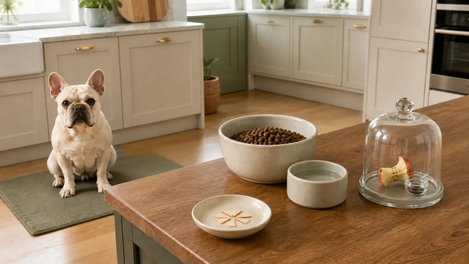 Cream French Bulldog waiting behind tiny seedless apple pieces and complete dog food