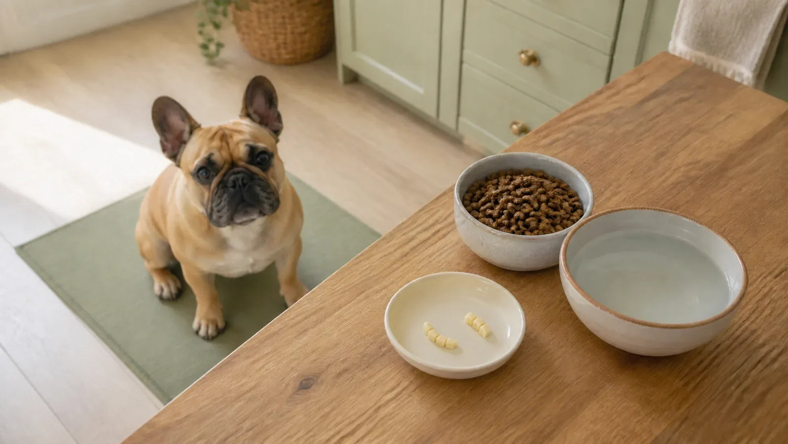 Fawn French Bulldog waiting behind tiny peeled banana pieces and complete dog food