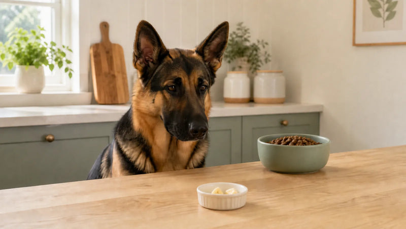 German Shepherd waiting behind two small pieces of ripe banana beside regular dog food