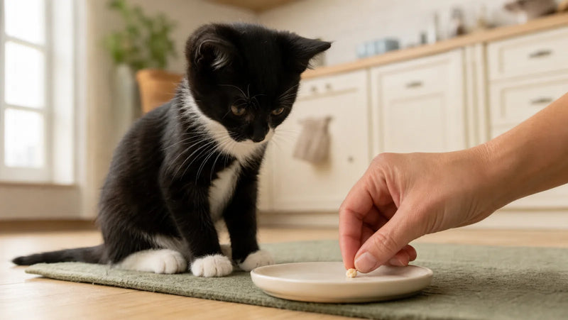 Tuxedo kitten watching a tiny freeze-dried chicken crumb placed on a dish