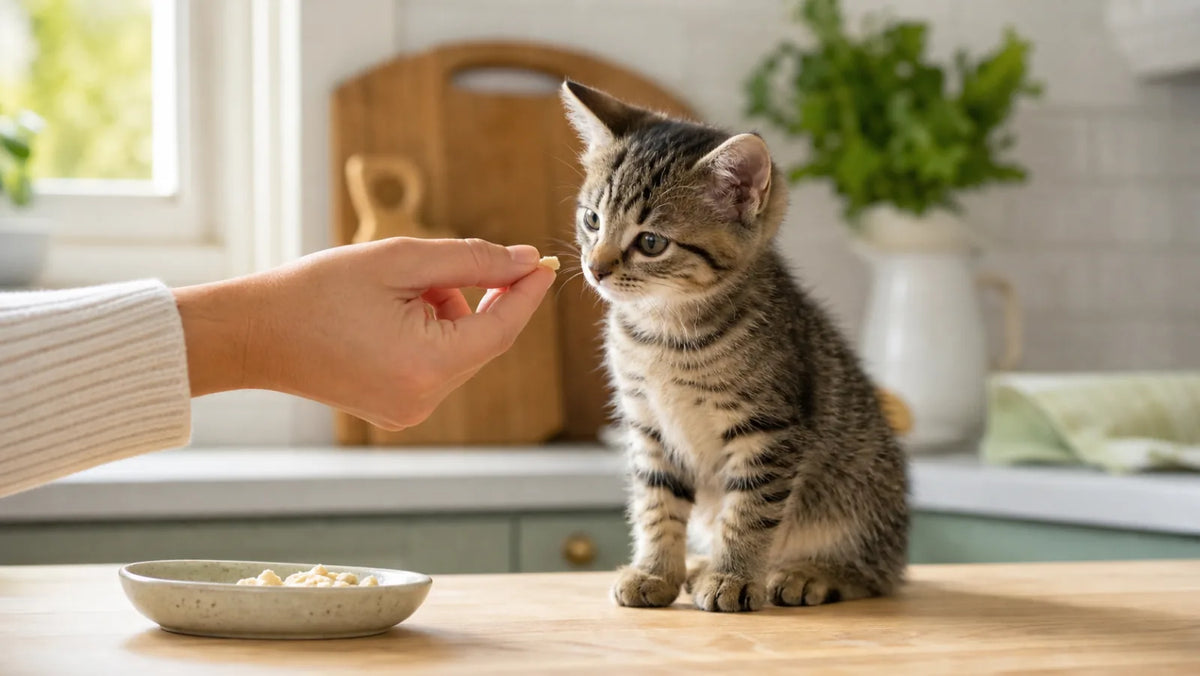 Tabby kitten being offered a tiny freeze-dried chicken treat