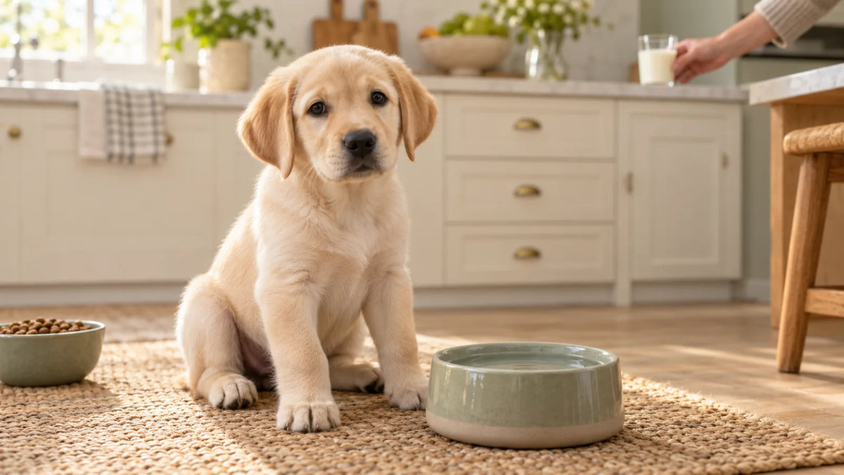 Labrador puppy beside fresh water as a glass of cow's milk is moved away