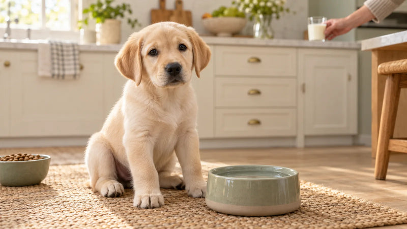 Labrador puppy beside fresh water as a glass of cow's milk is moved away