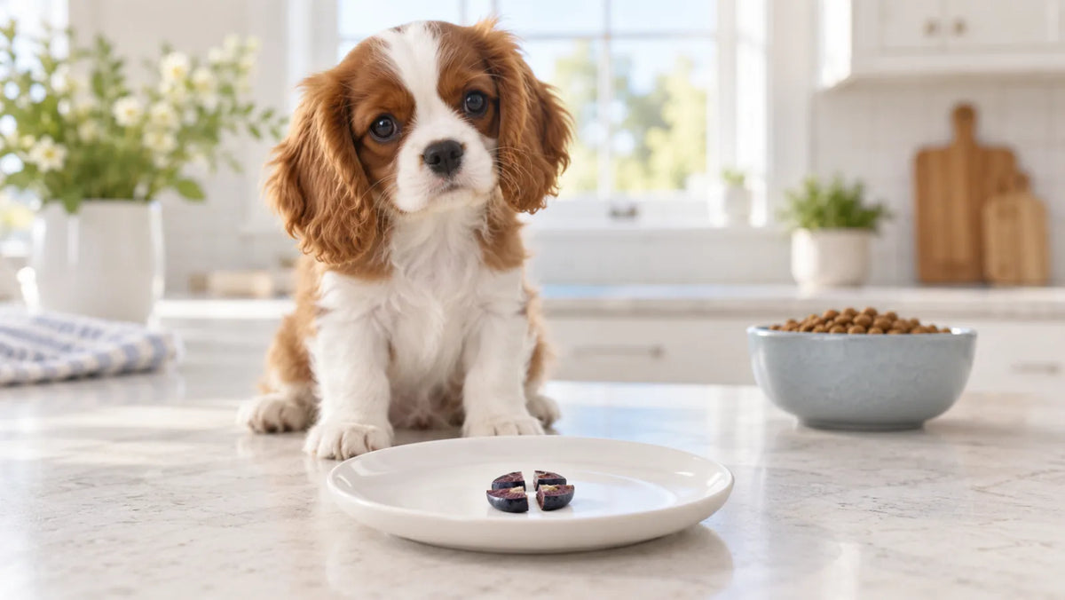 Small puppy waiting behind a plate with one blueberry flattened into tiny pieces