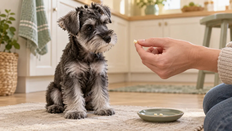 Miniature schnauzer puppy offered one tiny plain cheese crumb during a supervised training session