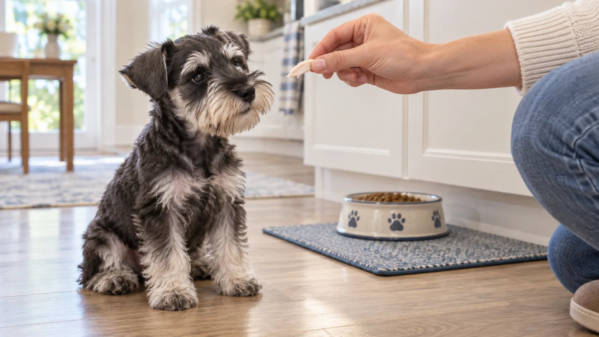 Miniature schnauzer puppy offered one tiny piece of plain cooked chicken beside its regular food