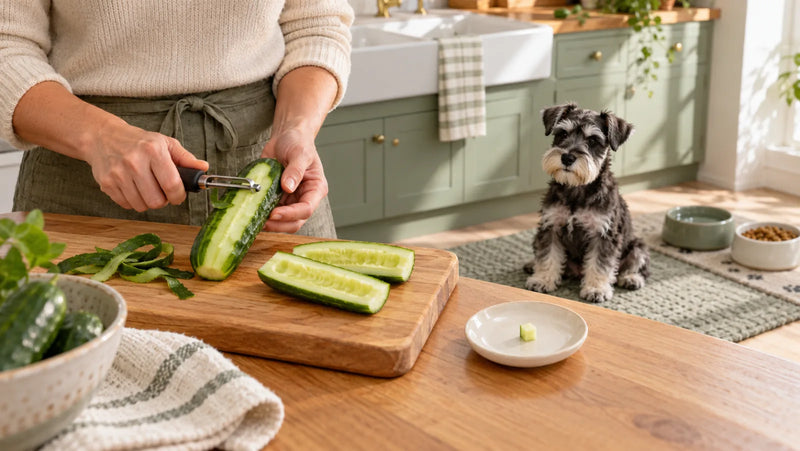 Miniature Schnauzer puppy waiting while cucumber is peeled, seeded and diced into one tiny plain piece