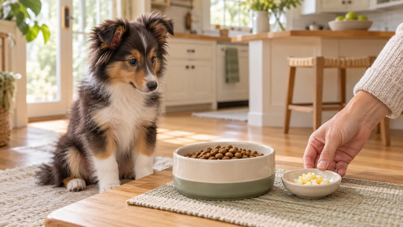 Shetland sheepdog puppy waiting beside a tiny portion of fully cooked egg and puppy food
