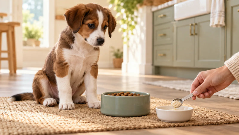 Fully weaned puppy waiting beside a tiny measured dish of plain water-cooked oatmeal