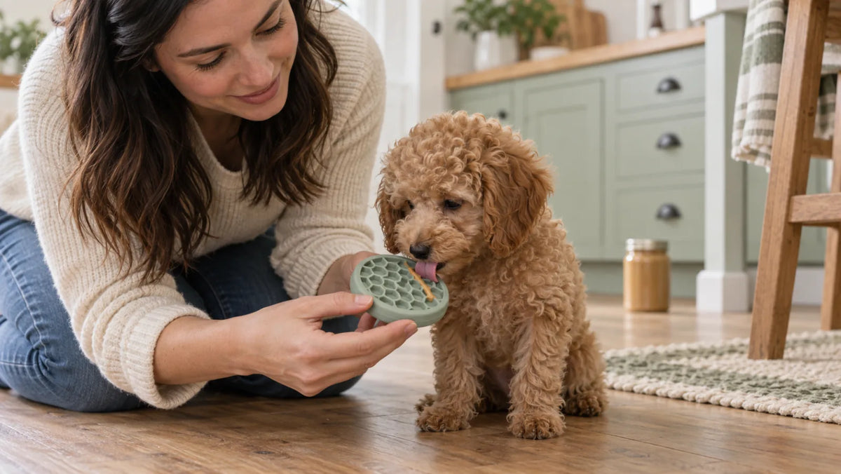 Miniature-poodle puppy supervised with a toy holding a very thin peanut-butter smear