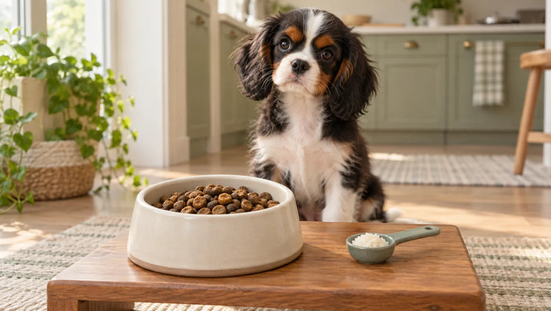 Cavalier puppy waiting beside complete puppy food and a tiny spoonful of plain white rice