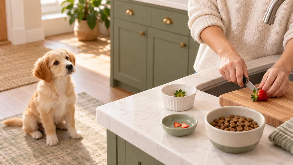 Puppy watching as a caregiver hulls a washed strawberry before cutting two tiny pieces