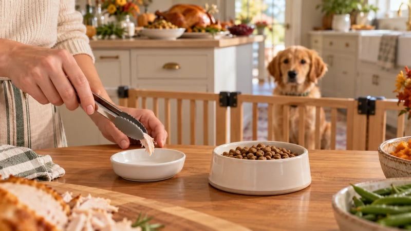 Golden retriever puppy waits behind a kitchen gate while a caregiver portions one tiny shred of plain cooked turkey