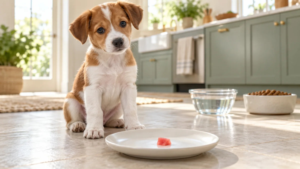 Small puppy waiting behind one soft seedless rindless piece of watermelon with fresh water nearby