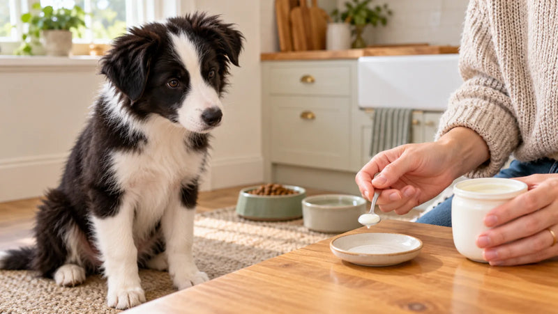 Border collie puppy watching an owner measure a tiny amount of plain unsweetened yogurt