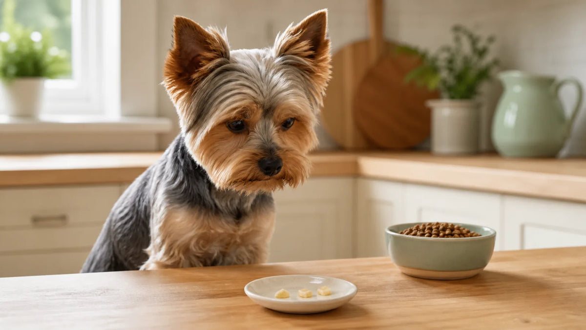 Yorkshire Terrier waiting behind three pea-sized pieces of ripe banana