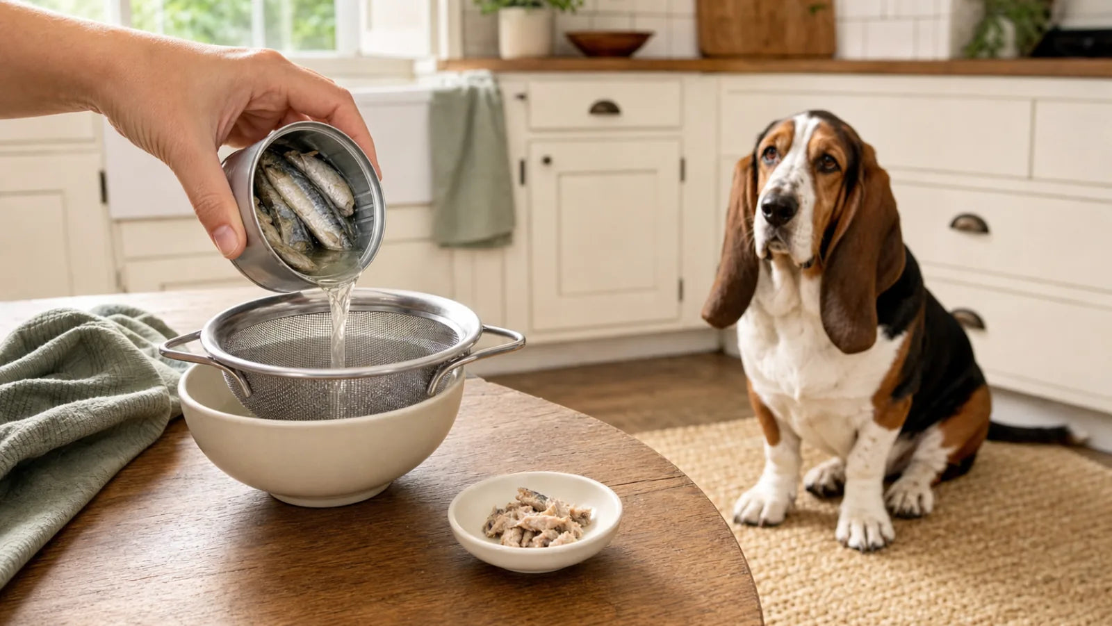 Tricolor Basset Hound watching plain water-packed sardines being drained