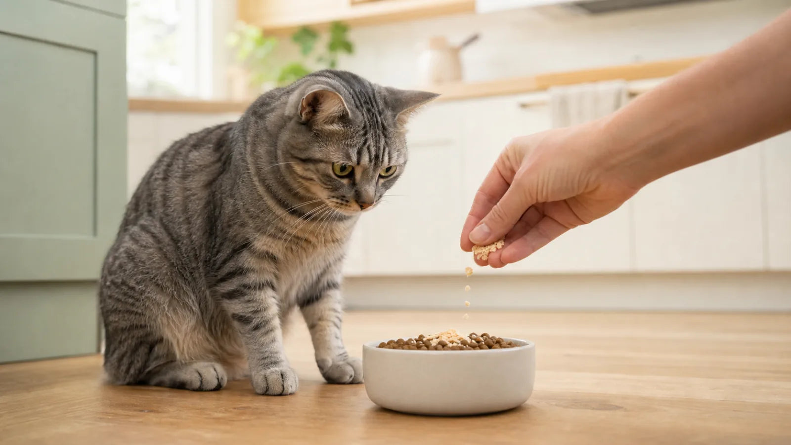 Gray tabby cat beside a bowl topped with freeze-dried chicken crumbs