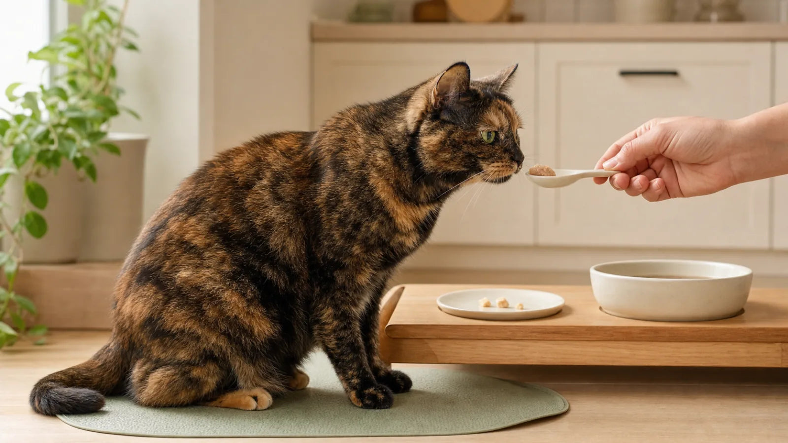 Older tortoiseshell cat sniffing a pea-size soft treat on a spoon