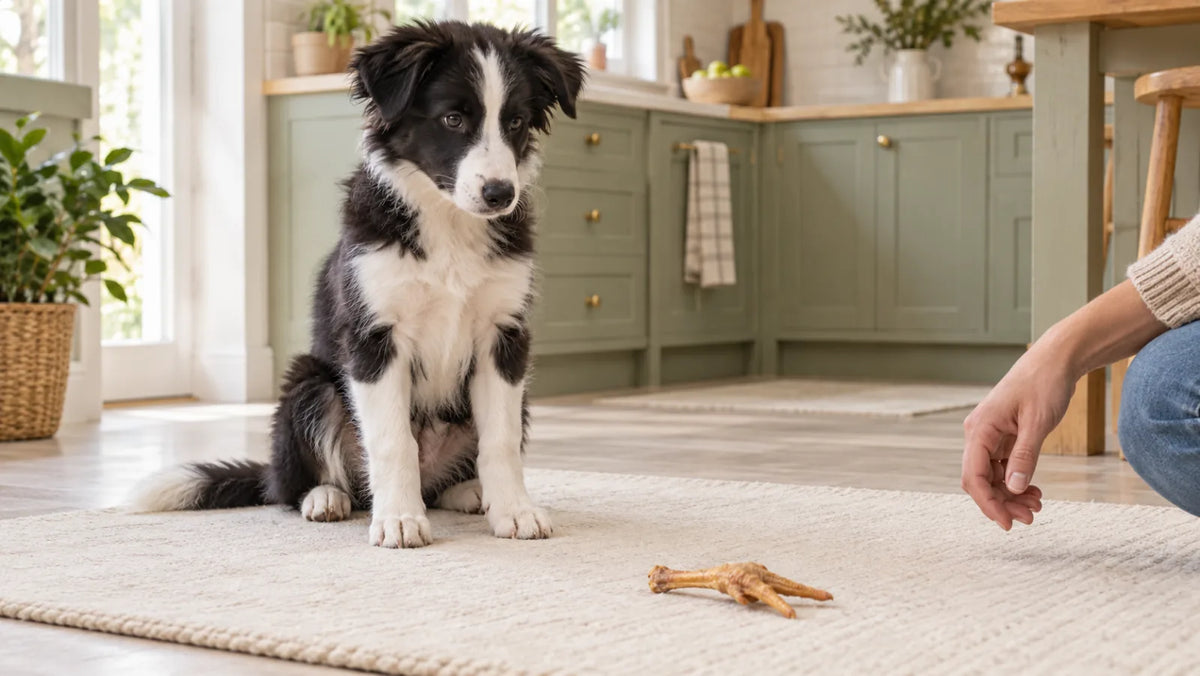 Adolescent border collie puppy waiting beside one supervised dehydrated chicken foot