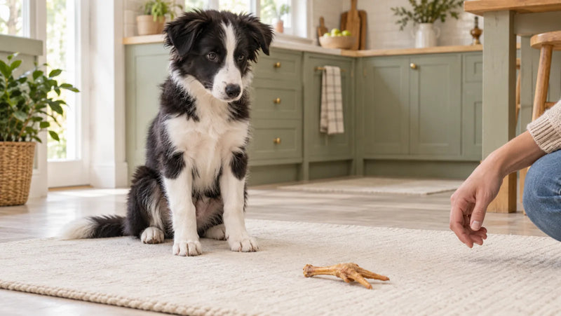 Adolescent border collie puppy waiting beside one supervised dehydrated chicken foot