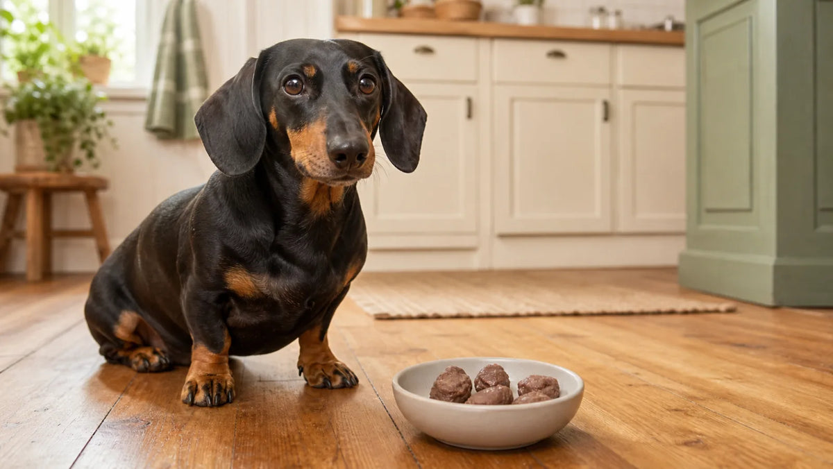 Dachshund waiting beside a bowl of plain cooked chicken gizzards