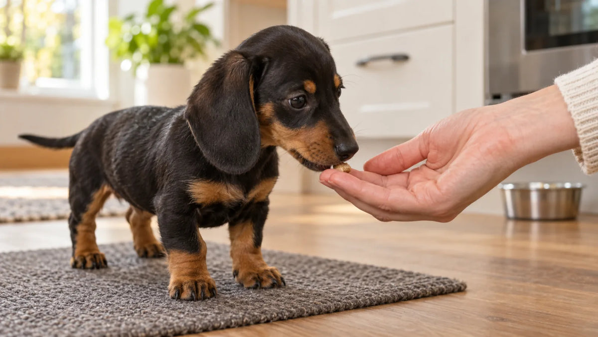 Dachshund puppy taking a tiny piece of plain cooked chicken heart