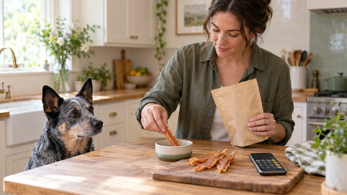 Owner checking a chicken jerky label while an Australian cattle dog waits beside a measured portion
