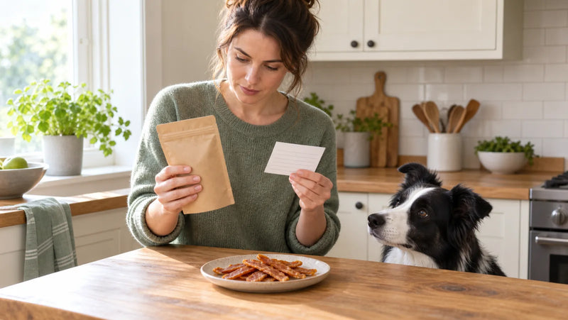 Owner checking a simple chicken jerky label beside a Border Collie with food allergies