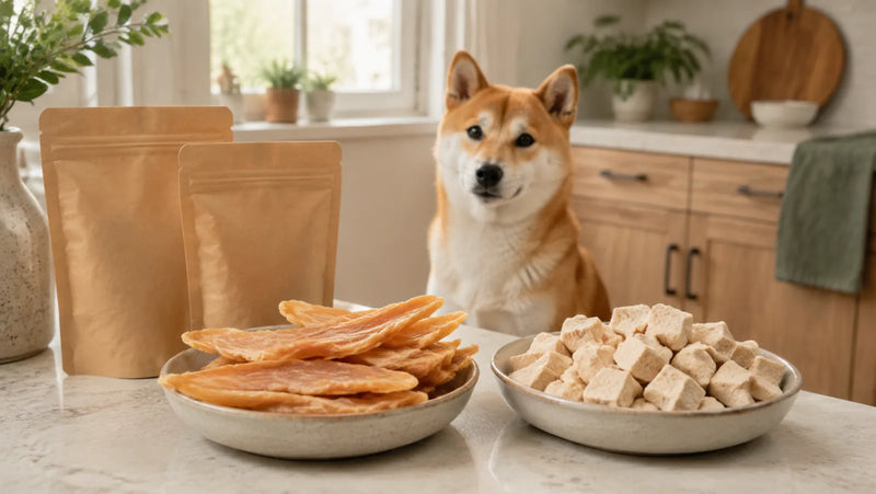 Shiba Inu beside separate bowls of dehydrated chicken jerky strips and freeze-dried chicken pieces