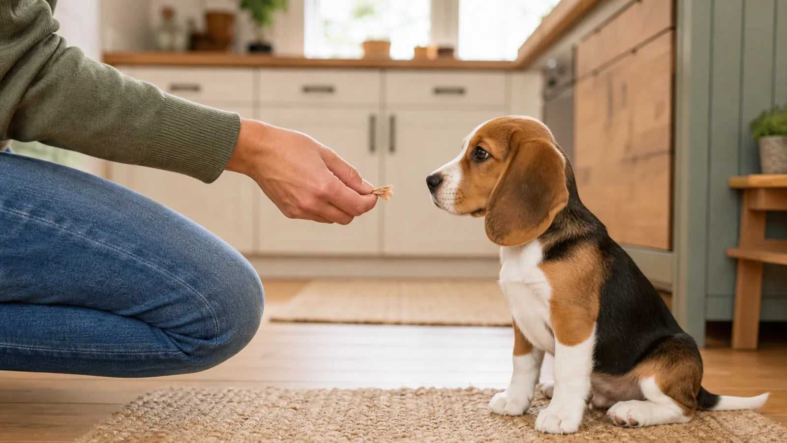 Beagle puppy waiting for a tiny piece of chicken jerky in a bright kitchen