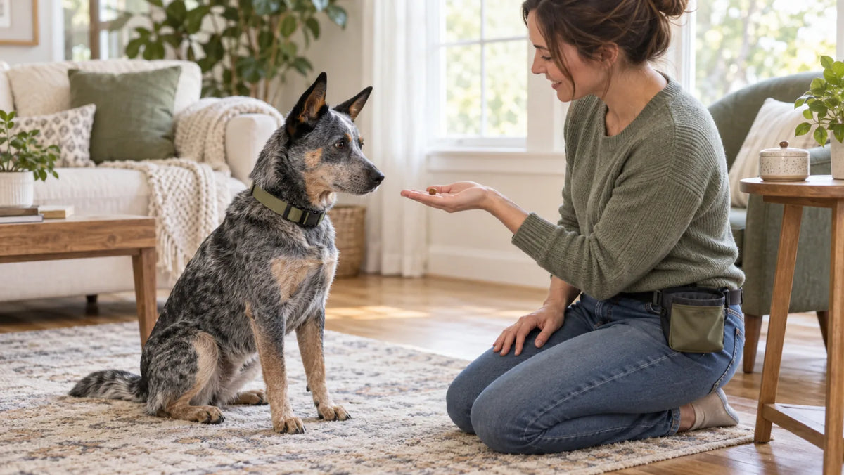 Trainer rewarding an Australian cattle dog with a tiny chicken jerky piece