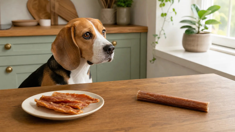 Beagle beside chicken jerky strips and a bully stick on a kitchen table
