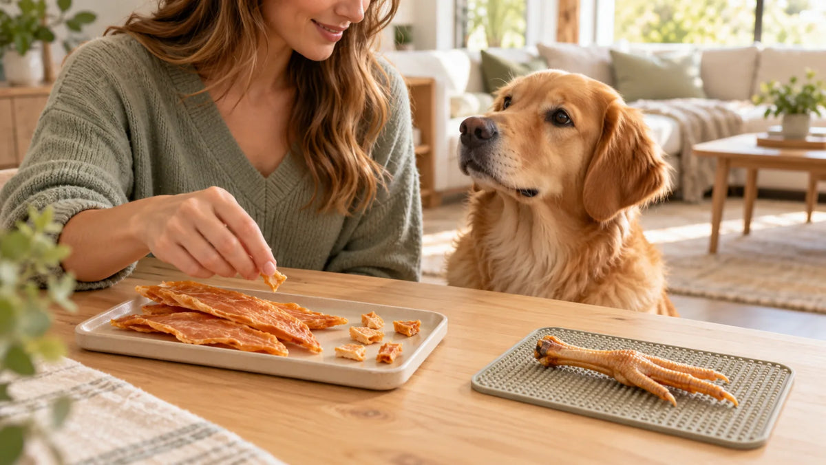 Dog waiting beside separate trays of torn chicken jerky rewards and one intact chicken foot
