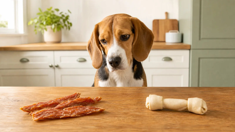 Beagle comparing chicken jerky strips and a rawhide chew on a kitchen table