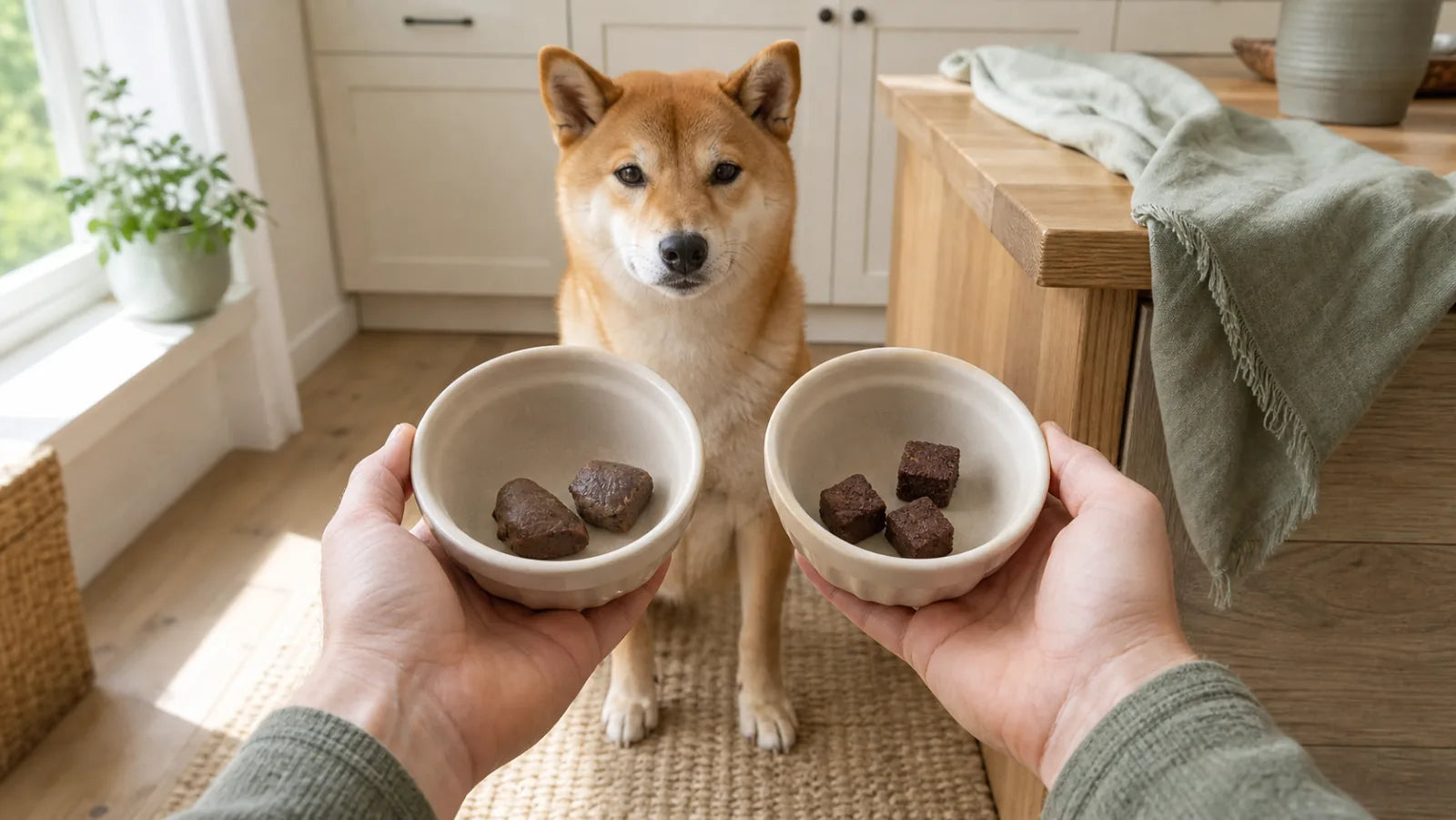 Shiba Inu waiting while an owner compares cooked chicken liver and freeze-dried beef liver