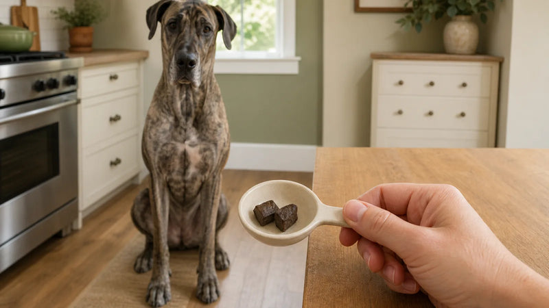 Brindle Great Dane waiting beside a tiny measured portion of cooked chicken liver