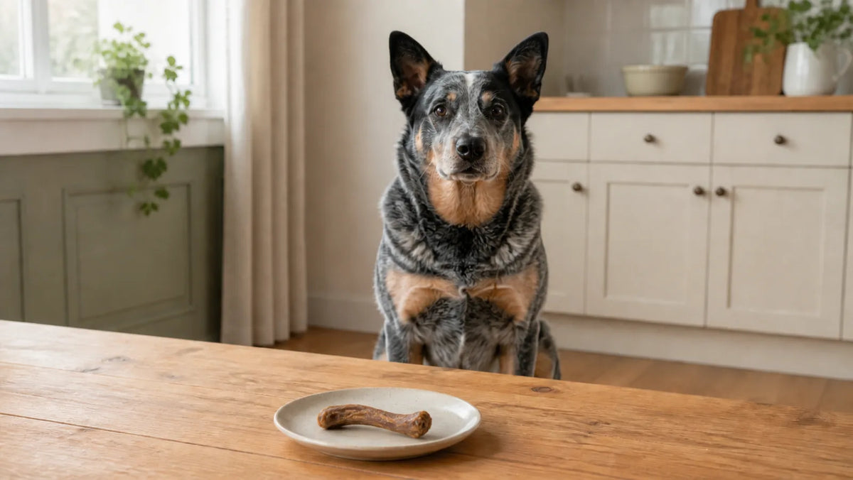 Australian Cattle Dog waiting behind a dehydrated chicken neck on a plate