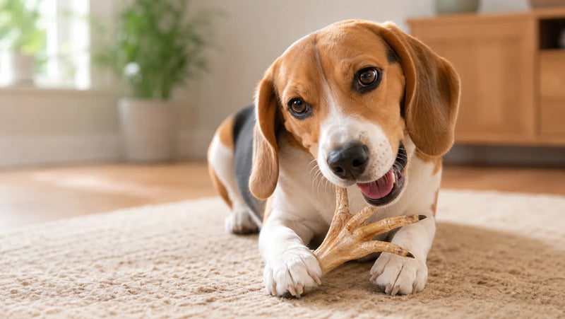 Beagle chewing a dehydrated chicken paw treat at home