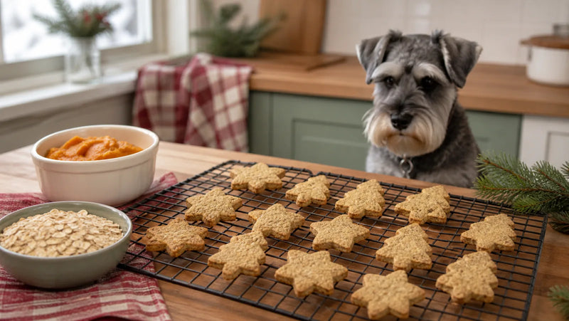 Miniature schnauzer watching plain Christmas dog cookies cool in a holiday kitchen