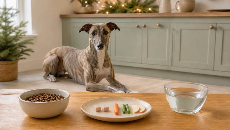 Brindle Whippet waiting behind a small plain Christmas tasting plate and dog food