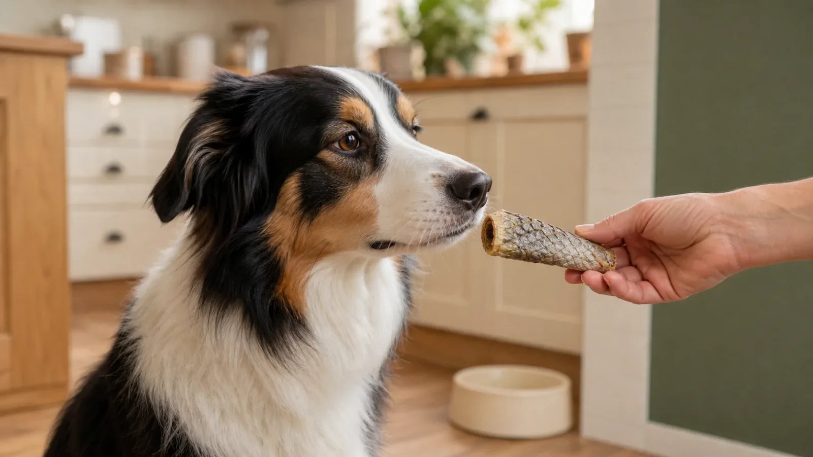 Australian shepherd sniffing a dried cod-skin chew held in a kitchen