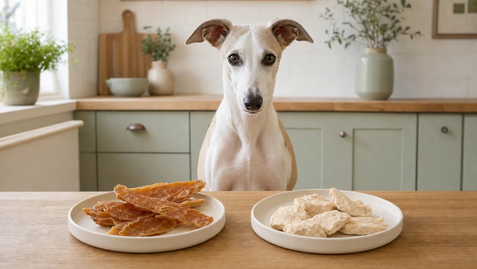 Whippet beside whole-cut chicken jerky strips and freeze-dried chicken pieces