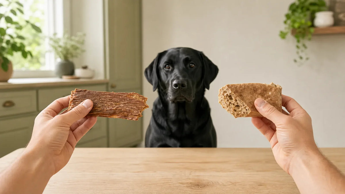 Black Labrador waiting while an owner compares a dense dehydrated chew with a porous freeze-dried piece
