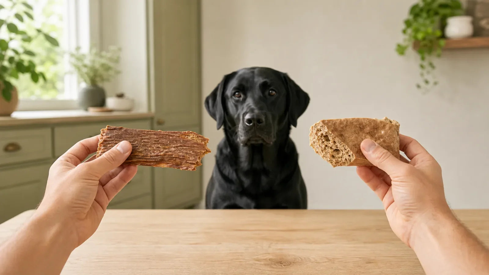 Black Labrador waiting while an owner compares a dense dehydrated chew with a porous freeze-dried piece