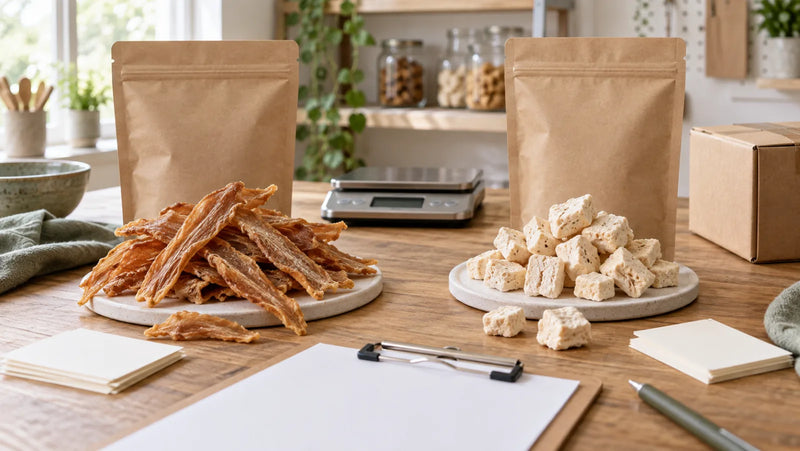Private-label buyer comparing unbranded dehydrated strips and freeze-dried treat samples